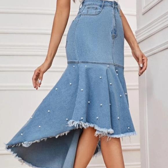 Dresses & Skirts - 🎉HP🎉 Denim Mermaid Skirt With Pearl Beads